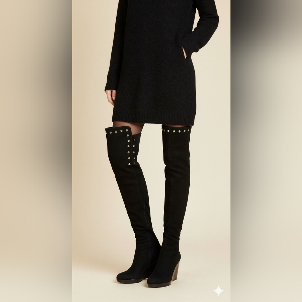 Stuart Weitzman Saratoga Over The Knee OTK Black Suede Studded Boots‎ Size 6